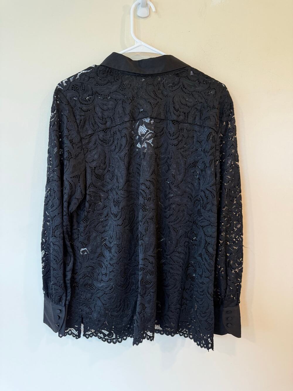 Chicos Novelty Button Up Shirt Women's Large Black Lace Long Sleeves Floral